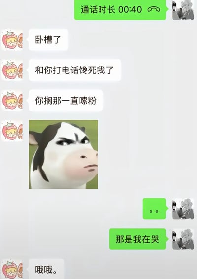 这是一张聊天记录截图，显示两人通话40秒后的对话。左方用户（卡通草莓头像）抱怨对方在通话时一直“嗦粉”让自己馋得不行，并发了一张表情愤怒、皱眉斜视的奶牛图片表达不满。右方用户（灰色人物头像）先是发省略号表示无语，随后解释“那是我在哭”，揭示了“嗦粉声”实为哭声的乌龙误会，整体充满日常生活中的搞笑错位感。