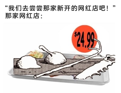 这是一张讽刺网红店的搞笑图文梗图，上方以对话形式呈现有人提议去尝试新开的网红店，随后引出网红店的餐品展示：一个金属餐盘里，摆放着将漫画风格画面当作的“餐食”，包括两个类似饭团的漫画图案、一小份配菜，还有漫画里的树枝状边框元素，旁边的红色标签标注价格为24.99美元。整幅图通过这种“餐品敷衍、分量极少却售价高昂”的夸张表现，尖锐讽刺了当下部分网红店价格虚高、性价比极低、名不副实的乱象，引发对网红店营销与实际不符的共鸣。