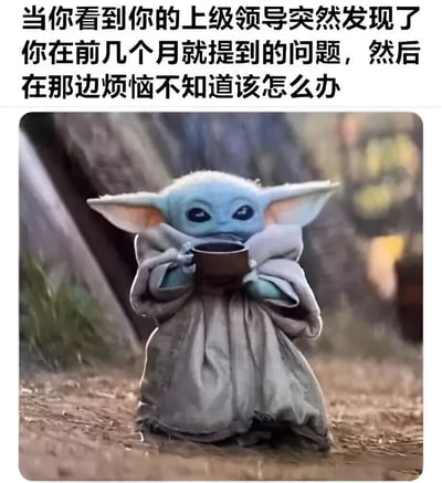 这张梗图上方是一段描述职场情景的文字：'当你看到你的上级领导突然发现了你在前几个月就提到的问题，然后在那边烦恼不知道该怎么办'。下方是《星球大战》中的尤达宝宝（Grogu）形象，他穿着灰色的长袍，双手捧着一个杯子，表情平静地喝着东西。图片通过尤达宝宝淡定喝茶的样子，幽默地表现了员工看到领导终于发现自己早就提出过的问题却束手无策时的内心状态，带有职场讽刺和无奈的搞笑意味。