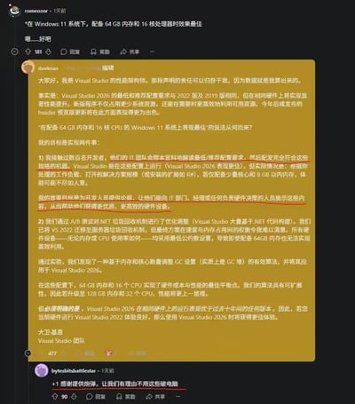 这是Reddit论坛的帖子截图，内容分为三部分：
1. 用户romeozor发布了Visual Studio 2026的硬件配置建议："在Windows 11系统下，配备64 GB内存和16核处理器时效果最佳"；
2. Visual Studio团队的性能架构师大卫·基恩（davkean）发布长文回复，详细解释该配置建议的原因：
   - VS2026的最低/推荐配置与旧版一致，但相同硬件上性能更优；
   - 给出64G+16核最佳的两点原因：一是为开发人员提供向IT部门申请更好硬件的论据，二是优化了GC垃圾回收机制，该配置达到硬件成本与性能的平衡点，同时升级到128G+32核性能会进一步提升；
3. 用户bytesbitsbattlestar评论"+1感谢提供炮弹，让我们有理由不用这些破电脑"，精准戳中开发者想要更换高性能硬件的需求。

图片中无谐音梗、双关或暗示内容。