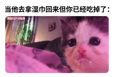 一张猫咪表情包，上方配有文字“当他去拿湿巾回来但你已经吃掉了：”。图片中是一只眼睛瞪得很大的猫咪，嘴巴周围似乎有食物残渣，表情看起来既惊讶又有点心虚，完美诠释了偷吃被抓包的场景。