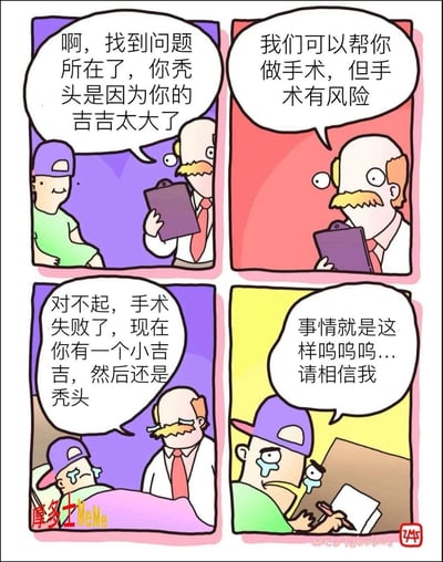 这是一则四格连环搞笑漫画，讲述了秃头患者的离谱就医经历：
1. 医生拿着病历本，笃定地诊断患者秃头的原因是“吉吉太大”，并提出可以手术但存在风险；
2. 术后医生愧疚地告知患者手术失败，结果是患者不仅依然秃头，“吉吉”还变小了；
3. 最后患者崩溃哭泣，向他人哭诉自己的遭遇，试图让对方相信自己的离谱经历。

> 注：“吉吉”是网络上对男性生殖器的隐晦称呼，漫画用这种无厘头的诊断和手术结果制造荒诞的笑点。