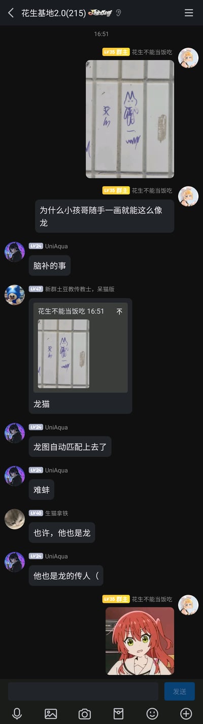 这是一张QQ群“花生基地2.0(215)”的聊天记录截图，群主“花生不能当饭吃”发布了一张小孩在瓷砖上的涂鸦作品，涂鸦呈现出类似龙猫的形象，群主发出疑问“为什么小孩哥随手一画就能这么像龙”，随即引发群友的趣味玩梗互动：群友UniAqua表示这是脑补的效果，另一位群友指出涂鸦实际是龙猫，之后群友们围绕“龙”的梗延伸，先后调侃“龙图自动匹配上去了”“他也是龙的传人”，最后群主发布了一张动漫《孤独摇滚！》中角色喜多郁代的截图，为这段轻松的群聊互动收尾，整体氛围诙谐有趣，展现了群友间日常玩梗的轻松状态。