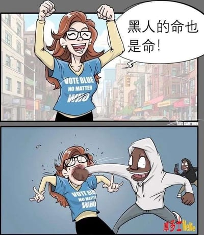 这张梗图分为两格，上格是一个穿着印有“VOTE BLUE NO MATTER WHO”（无论如何都要投蓝，意指支持美国民主党）的红发女性在街头高举双手，带着激动表情表示支持黑人平权，旁有大字气泡写着“黑人的命也是命！”。下格则出现一位穿白色卫衣的黑人男子直接挥拳击打了女性的脸部，动作很激烈。远处还有人在用手机拍照，带有讽刺和反转意味，体现有“伪善”、“言行不一”等双关社会批判。整体画风夸张，是讽刺欧美政治、社会现象常用的漫画形式。