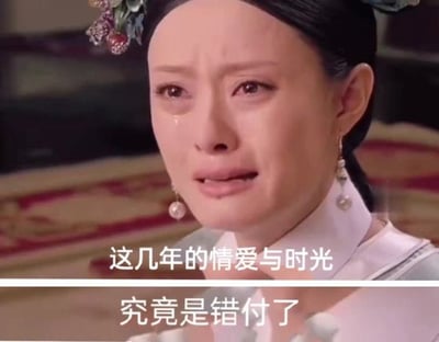 图片为电视剧《甄嬛传》中的经典名场面截图，展示了甄嬛（孙俪饰）悲伤落泪的特写镜头。她眉头紧锁，眼中含泪，嘴唇微张，正哭诉着经典台词：'这几年的情爱与时光，究竟是错付了'。画面背景隐约可见古代宫殿的地毯，整体氛围充满心碎与绝望。该截图常被用作表达情感错付、付出得不到回报时的无奈与悲伤情绪的 meme。