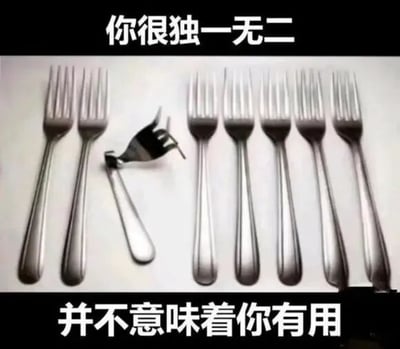 图片中展示了一排银色叉子，其中大部分叉子形态正常，唯独中间有一个叉子严重弯曲变形。图片顶部配有文字“你很独一无二”，底部配有文字“并不意味着你有用”。通过正常叉子与弯曲叉子的对比，以幽默的方式讽刺了“独特不等于有用”的观点，带有自嘲和调侃的意味。