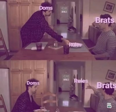 两张相同场景的对比图，展示了Doms和Brats之间关于规则的互动。上图中Doms站着将标有Rules的杯子推向坐着的Brats；下图中两人位置不变，但换成Brats将Rules杯子推向Doms，形成有趣的角色反转。