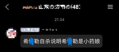 这是一张即时通讯软件的群聊截图，群名称经过马赛克打码处理，仅能辨识出包含“山东”字样，群成员总数为48人。截图显示的消息发送时间为21:34，一名群成员发布了一条逻辑完全不通的无厘头言论：“希特勒自杀说明希特勒是小药娘”，将历史人物的自杀行为与“小药娘”概念强行关联，没有任何合理的逻辑支撑，属于纯粹的荒诞搞笑内容，不存在双关、谐音梗或暗示性内容。