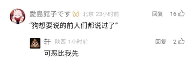 这是一张横版的社交媒体评论区截图，展示了两条评论间的趣味互动。第一条评论来自IP定位为北京的用户“愛島館子です”，发布于23小时前，内容为“狗想要说的前人们都说过了”，获得了16个点赞；第二条评论来自IP定位为陕西的用户“轩”，其头像是带有笑脸的便便表情，发布于1小时前，内容为“可恶比我先”，获得了2个点赞，这句话传递出该用户原本也想发表类似玩梗内容，却被他人抢先的懊恼又无奈的情绪，是评论区典型的抢梗趣味场景。