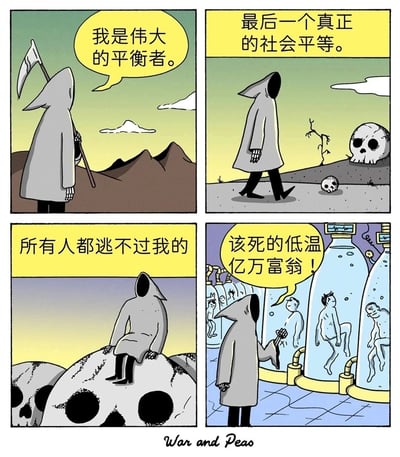这是一则四格讽刺漫画：第一格中，手持镰刀的死神站立着宣称自己是“伟大的平衡者”；第二格旁白点明死神是“最后一个真正的社会平等”，画面里死神走过散落着大小骷髅的地面，暗示无论年龄身份，人人都会走向死亡；第三格旁白强调“所有人都逃不过我的”，死神坐在巨型骷髅上，姿态笃定；第四格中，死神看着装满低温冷冻液、保存着亿万富翁的容器，愤怒咒骂“该死的低温亿万富翁！”，揭示出财富让富人有机会通过低温冷冻技术逃避死亡，打破了原本“死亡面前人人平等”的认知，充满讽刺意味。