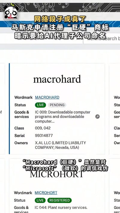 本图展示了一则关于埃隆·马斯克申请注册“Macrohard（巨硬）”商标的新闻截图，并配有自媒体风格的解读和吐槽。细节处解读称此举明显借鉴/调侃了“Microsoft（微软）”，是网络上流传的经典谐音梗。画面富有网络段子气息，适合用来娱乐和调侃，也陪衬了科技行业对于命名的趣味讨论。

**双关及谐音梗说明**：
Macrohard（巨硬）与Microsoft（微软）正好意义相反，是对英文和中文的幽默解构和模仿。