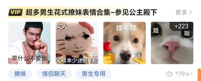 这是一个面向男生的撩妹表情包合集，共展示了四张风格搞笑的表情包：第一张是黄晓明手持苹果的照片，配文“苹什么不爱我”，使用了“苹”与“凭”的谐音梗，玩谐音撩妹；第二张是将人脸P在卡通猫形象上的表情包，配文“女人 又被本少迷到了吧”，走油腻自信的撩妹风格；第三张是狗狗的照片，搭配了玫瑰和戒指的贴纸，配文“嫁不嫁”，模拟求婚式的撩妹；第四张是猫咪的鼻子特写，配文“姐姐 +223”，以软萌的方式亲近对方。合集下方标注了“撩妹、情侣聊天、男生专用”的标签，累计使用量超过109万，整体风格俏皮搞笑，适合情侣间互动聊天使用。