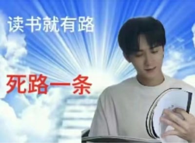 这是一张带有反讽意味的搞笑表情包，背景是带有放射状光线和云端阶梯的明亮场景，营造出“光明大道”的视觉感；前景是演员张凌赫穿着白色上衣，低头专注看着手中的书本，神情略带浅笑。画面上方用白色字体写着“读书就有路”，下方则用醒目的红色字体搭配出“死路一条”，形成强烈的反差，用戏谑的方式吐槽读书学习的辛苦与无奈，精准戳中当代学生、面临学业压力群体的情绪，常被用于社交聊天中抒发对学习的吐槽情绪。