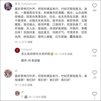 这是一张国内社交平台的评论区截图，展示了网友围绕古典诗词展开的趣味互动：用户“夏至_livelysummer”将苏轼《定风波·莫听穿林打叶声》与辛弃疾《水龙吟·登建康赏心亭》两首豪放词完整拼接在一起发布评论；用户“Liverpool”随即玩梗调侃该内容是“自动进化水龙吟的”，这条评论获得了618个点赞，还有38条未展开的回复；用户“芊.”则对《定风波》进行了二次创作，保留词的开头后，将后续内容改成了重复的“我们好！”，之后还发布了一条带问号和疑惑表情的简短评论。几条评论分别获得了484、618、120、7个点赞，时间均为8月12日，发布地点分别为辽宁、陕西、湖北。