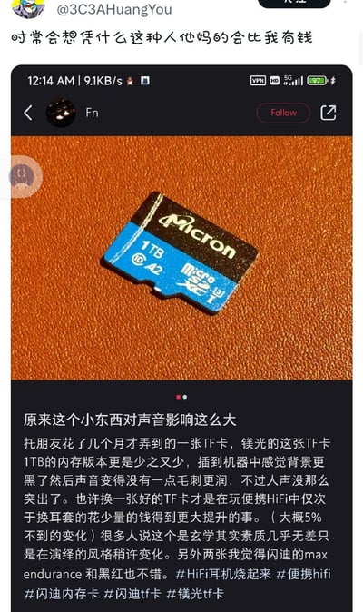 这是一张上下拼接的社交媒体截图梗图，上方是X平台用户@3C3AHuangYou发布的吐槽文案：“时常会想凭什么这种人他妈的会比我有钱”；下方是另一名X用户的晒帖内容，配图为放置在棕色皮质表面上的1TB容量镁光品牌TF（micro SD）卡，配文称这款稀缺的镁光TF卡插入便携HiFi设备后，能让音质产生正向变化，背景更干净、声音更顺滑，仅存在不到5%的风格差异，还推荐了其他型号的TF卡，附带多个HiFi、内存卡相关话题标签。整张图通过吐槽的方式调侃HiFi圈中“TF卡会影响音质”这类缺乏科学依据的玄学消费行为，嘲讽愿意为这类玄学溢价付费的人反而比自己有钱的反差感。