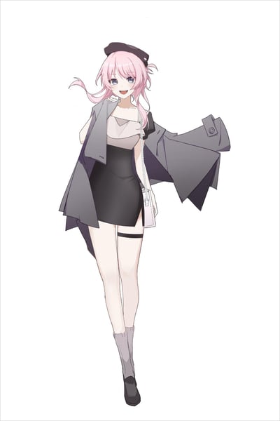 这是一张竖版二次元原创立绘，画面中的粉发少女戴着深色贝雷帽，身穿灰黑拼色吊带短裙，外搭灰色无袖风衣，风衣随风扬起，少女一手轻搭在肩颈处，另一手挎着链条小包，腿间佩戴黑色腿环，脚穿灰袜配黑鞋。她笑容灿烂，眉眼弯弯，整个人看起来元气满满、活力十足，穿搭风格时尚又随性，整体画面清爽干净，突出角色的开朗气质。