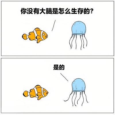 这是一张两格连环卡通漫画。上格中，橙色带白条纹的小丑鱼面向蓝色水母，上方文字显示小丑鱼的提问：“你没有大脑是怎么生存的？”；下格中，小丑鱼保持面向水母的姿态，水母下方文字显示其回应：“是的”。漫画通过水母简单到近乎答非所问的回应制造幽默效果，暗讽其因没有大脑而无法理解复杂问题。