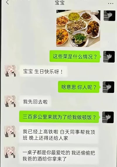 这是一张聊天记录截图，展示了一段充满温情的生日惊喜对话。女生通过发送一桌丰盛家常菜的照片，向对方道出生日祝福，随后透露自己为了准备这份惊喜，特意跨三百多公里赶来做饭，之后又匆匆乘坐高铁返回，还提到让同事帮忙顶班、偷偷带来父亲的酒等细节。男生则通过连续提问，逐渐了解到这份惊喜背后的用心，整个对话充满了温暖与感动的氛围。