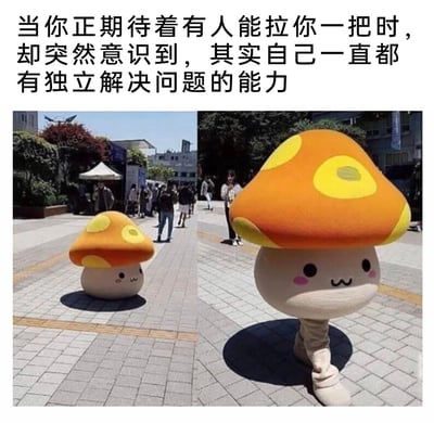 这是一张左右对比的励志梗图，图片上方配有主题文字：“当你正期待着有人能拉你一把时，却突然意识到，其实自己一直都有独立解决问题的能力”。左图展示户外广场上的蘑菇造型人偶，远看它没有腿，仿佛只能停在原地等待帮助；右图是蘑菇人偶的近距离放大图，可以清晰看到它本身就长着腿，正在独自向前行走，用这个视角巧合来呼应配文，传递出“人本身就具备独立解决问题的能力，不必一味等待他人帮助”的感悟。