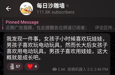 这是一张来自“每日沙雕墙”频道的社交媒体截图，频道显示有111.8K订阅者。截图上方有频道头像（一个黄色卡通小鸡形象）和名称，下方包含一条粉色“Pinned Message”（置顶消息）提示订阅者注意近期广告诈骗，以及一条主帖子内容。主帖子以幽默口吻对比了男孩女孩成长前后的玩具偏好变化：“女孩子小时候喜欢玩娃娃，男孩子喜欢玩电动玩具，然而长大后女孩子喜欢用电动玩具，男孩子喜欢用娃娃，这大概就是成长吧。” 帖子底部显示有57条评论、4个点赞、2.6K次查看，发布者为“投稿机器人 2.0”，发布时间为下午2:48。