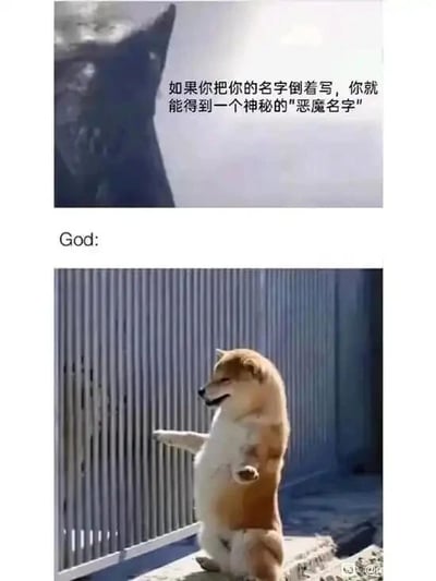 这是一张上下拼接的趣味梗图，采用图文混排的形式呈现。上方图中是一个暗黑风格的类恶魔形象，配有文字“如果你把你的名字倒着写，你就能得到一个神秘的‘恶魔名字’”，引出一个名字倒写的趣味玩法；下方图中以“God:”作为引导，搭配一只后腿站立、前爪抬起的搞怪柴犬，利用英文单词“God（上帝）”倒写为“dog（狗）”的双关梗，制造出上帝的“恶魔名字”是狗的搞笑反差效果，用可爱的柴犬形象和严肃的“恶魔名字”设定形成强烈对比，增强了梗图的趣味性和传播性。