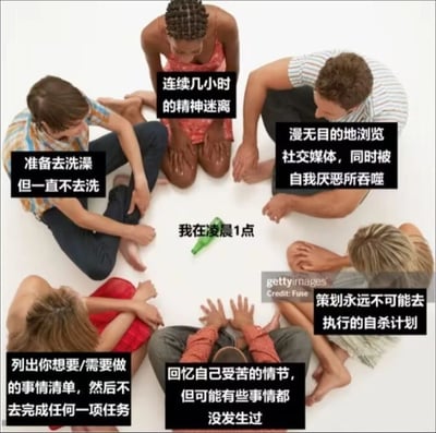 这是一张改编自真人照片的网络迷因图，画面中六名真人围坐成一个圆圈，中间标注文字“我在凌晨1点”，每个人物上方都配有黑色文字框，分别对应当代年轻人在凌晨1点时常见的六种精神与行为状态：准备洗澡却一直拖延不去、连续几小时处于精神迷离状态、漫无目的地浏览社交媒体同时被自我厌恶吞噬、策划永远不会执行的自杀计划、回忆自己的痛苦情节甚至怀疑部分经历的真实性、列出待做清单却一项都不完成。这些内容精准戳中了当代青年在深夜时的精神内耗、拖延、焦虑、自我怀疑等复杂情绪，能够引发广泛共鸣。