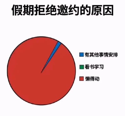 一张幽默风格的饼图，标题为“假期拒绝邀约的原因”。饼图主要由红色区域（“懒得动”）占据绝大多数面积，蓝色区域（“有其他事情安排”）和绿色区域（“看书学习”）仅占极小部分，通过夸张的比例对比，幽默地表达了人们假期拒绝社交邀约的主要原因是“懒得动”。