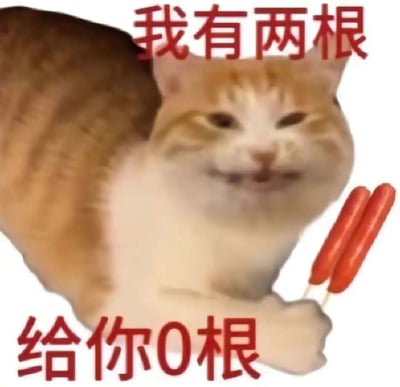 图片中是一只表情略带得意的橘猫，它用爪子拿着两根红色的香肠串。猫的上方配有文字“我有两根”，下方则是“给你0根”，通过拥有和给予数量的巨大反差制造出幽默效果，展现了猫咪“小气又得意”的可爱形象。