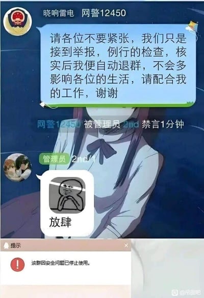 这是一张充满反转笑点的群聊截图梗图：自称「网警12450」的账号进入群聊，告知成员是接到举报来做例行检查，结果话音刚落就被管理员禁言1分钟，管理员还发送了一张配文「放肆」的傲慢表情包，最后群聊直接因安全问题被平台停止使用。管理员的硬核强硬操作，和最终群被封的戏剧性结局形成强烈反差，制造出荒诞的搞笑效果。