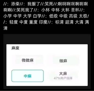 图片分为上下两部分，下方是一个麻度选择界面，显示“麻度”标题，选项包括“微微麻”“微麻”“中麻”（已选中）和“大麻（47%用户选择）”，形成幽默的分级对比。上方则是多组采用相同“三正常+一搞笑”结构的文字梗：“小杯 中杯 大杯 圣杯”“小学 中学 大学 白学”“低级 中级 高级 太极”“轻度 中度 重度 印度”“标清 超清 大清 满清”，搭配“我服了”“笑死”“啊啊啊啊”等感叹词，整体通过打破常规分级逻辑制造笑点。