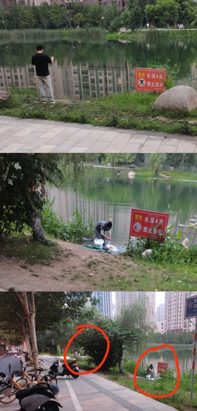 三张图片上下拼接呈现湖边同一警示牌下的不同场景：最上方图中一名男子在湖边钓鱼，身旁立着红色警示牌写有“水深4米 禁止洗衣”；中间图中另一名男子无视警示牌，正在湖边俯身洗衣，身旁放着盆和衣物；最下方图中可见更多城市背景，一名女子在警示牌旁的草丛中洗衣，画面用红色圆圈标注出洗衣者位置。三张图形成鲜明对比，凸显部分人对公共规则的漠视。