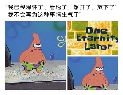 这是一张由动画截图拼接而成的图文混排梗图，上方配有“我已经释怀了，看透了，想开了，放下了”“我不会再为这种事情生气了”的文字，模拟人们嘴上宣称已经放下不愉快的样子；下方分为三部分，第一格是《海绵宝宝》里的派大星皱着眉头、气鼓鼓地站在沙滩上，中间是动画里经典的“One Eternity Later（永恒之后）”过渡牌，第三格是永恒之后，派大星依然保持着同样气鼓鼓的表情站在原地。整个梗图用夸张的方式调侃了很多人嘴上说着已经释怀，实际上心里一直记挂着烦心事、始终没能真正消气的真实情绪状态，容易引发大众的情绪共鸣。