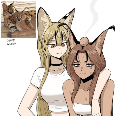 图片左侧为两张真实野猫（可能是薮猫或狞猫）的照片，它们慵懒地趴在木质地板上，皮毛带有斑点花纹。右侧为主图，是根据左侧真实猫咪创作的拟人化猫耳少女插画。左侧少女为金发，有着巨大的尖耳朵和橙色眼睛，穿着白色露脐上衣，表情自信从容，左手搭在另一少女肩上。右侧少女为棕发，耳朵较小，头顶有圆形发髻，穿着白色抹胸，表情悲伤，眼角带泪。两张插画少女的耳朵和发色都与左侧真实猫咪的特征相对应，形成有趣的现实与二次元对比。