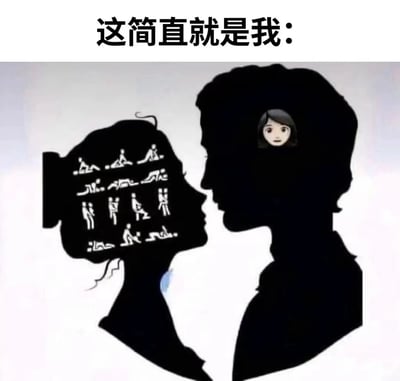 图片上方有文字“这简直就是我：”，下方是两个面对面的黑色剪影人物。左侧剪影头部内布满各种白色小人图案，呈现出奔跑、站立、互动等多种姿态；右侧剪影头部中央有一个卡通女孩的脸，表情平静地注视前方。整体构图通过剪影内外的对比，幽默地表现了人们内心想法丰富复杂与外在表现简单平静的反差状态。