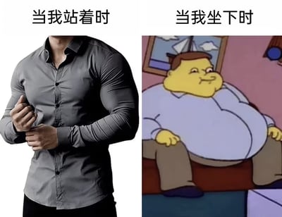 图片为左右对比结构，左侧是一位穿着灰色紧身衬衫的肌肉男，双手整理衣领，配文“当我站着时”；右侧是《恶搞之家》中的角色彼得·格里芬，穿着蓝色衬衫瘫坐在沙发上，肚子明显突出，配文“当我坐下时”。通过真实人物的健硕身材与卡通角色的臃肿体态形成强烈反差，幽默调侃人们站坐时的身材视觉差异，带有自嘲和共鸣感。