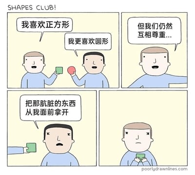 这是一幅四格连环卡通漫画，标题为“SHAPES CLUB!”（形状俱乐部）。第一格中，浅发人物手持绿色方块表示“我喜欢正方形”，黑发人物手持红色圆形回应“我更喜欢圆形”；第二格，浅发人物大方地表示“但我们仍然互相尊重...”，表现出包容的态度；第三格，当浅发人物将方块递到黑发人物面前时，黑发人物瞬间变脸，愤怒地喊出“把那肮脏的东西从我面前拿开”；第四格，浅发人物露出委屈的表情，将方块紧紧抱在胸前。漫画通过这种前后言行的强烈反差，讽刺了嘴上宣扬尊重差异，实际却无法接受不同喜好的双标行为，充满荒诞的幽默感。