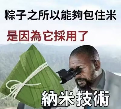 这是一张玩谐音梗的搞笑表情包，画面顶部配有黑色文字“粽子之所以能夠包住米”，下方是红色文字“是因為它採用了”，配图部分是一名黑人男性正凑近显微镜专注观察的画面，显微镜被修改为对准一个用粽叶包裹、白色绳子捆扎好的粽子，画面底部配有大号白色带黑边的文字“納米技術”。该梗利用“纳米”和“纳米（意为容纳包裹住米）”的谐音，将粽子包裹米的普通原理恶搞成使用了高科技纳米技术，整体风格无厘头十分搞笑。
