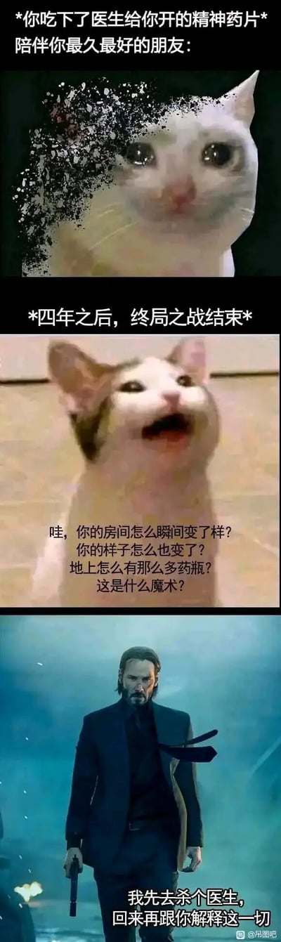 这是一幅由三部分构成的竖屏连环梗图，以荒诞的方式演绎了精神药物对人生活的影响。第一部分：主角吃下医生开的精神药片后，陪伴自己最久的猫咪朋友如同漫威《终局之战》里消失的生命一样，身体呈现消散的状态；第二部分：四年后，猫咪“归来”，看到主角的房间彻底变样、主角的状态改变、地上散落大量药瓶，疑惑地将这一切当成魔术，发出一连串质问；第三部分：主角化身为《疾速追杀》里以狠厉复仇著称的约翰·威克，面色冷峻地表示要先去杀医生，再向猫咪解释这一切。整个梗图将精神药物带来的长期精神痛苦和生活崩塌，用影视梗和meme猫的搞笑反差感呈现，放大了主角的愤怒与绝望情绪，兼具荒诞感与讽刺意味。