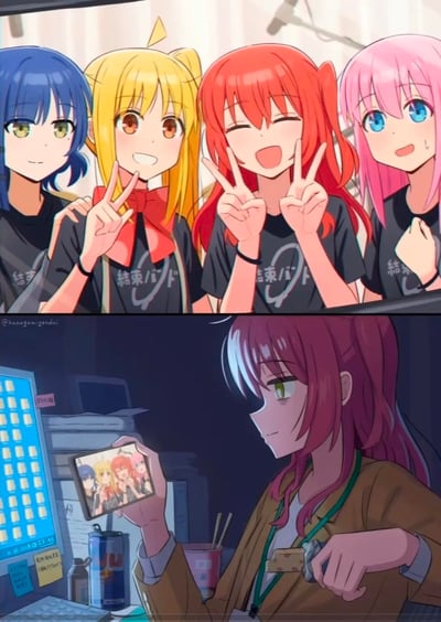 这是一张基于动画《孤独摇滚！》创作的同人对比图，分为上下两部分：上半部分是结束乐队的四位成员山田凉、伊地知虹夏、喜多郁代、后藤独，穿着印有「結束バンド」的队服开心合影，四人姿态活泼，氛围热闹欢快；下半部分是虹夏的姐姐伊地知星歌，在深夜的办公室里独自加班，手中拿着四人的合影，神情落寞惆怅。上下两部分的热闹与孤寂形成强烈对比，展现了星歌为支持乐队默默付出的背后故事，戳中粉丝的「意难平」情绪。