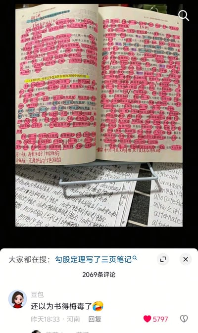 这是一张竖屏格式的社交媒体截图，图片上半部分展示了一本摊开的政治理论课本，课本的两页内容几乎每一句话都被密密麻麻的红色圆圈标记，整体视觉上布满红色斑点，课本下方还压着几张写满英文单词的笔记纸；图片下半部分是社交平台的评论区界面，顶部带有搜索提示文字“大家都在搜：勾股定理写了三页笔记”，标注共有2069条评论，用户“豆包”留下热门评论“还以为书得梅毒了🤣”，该评论获得了5797个点赞，吐槽形容新奇有冲击力，引发很多网友共鸣。