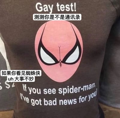 图片展示了一件棕色T恤，上方印有英文“Gay test!”和中文“测测你是不是通讯录”，中间是一个粉色的蜘蛛侠面具图案。面具下方有中文文字“如果你看见蜘蛛侠 uh 大事不妙”以及英文文字“If you see spider-man. I've got bad news for you!”。图中使用“通讯录”作为“同志”的谐音梗，通过“看见蜘蛛侠（粉色面具）则暗示是同性恋”的幽默方式进行调侃。