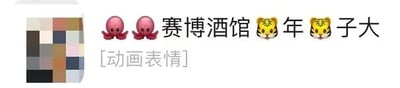 这是一张即时通讯平台的聊天记录截图，左侧的用户头像被做了马赛克处理以保护隐私。消息内容由卡通风格的章鱼表情、老虎表情与文字组合而成，具体为两个章鱼表情+“赛博酒馆”+老虎表情+“年”+老虎表情+“子大”，消息下方还标注了“[动画表情]”字样。整体为横屏的聊天界面样式，通过表情符号与文字的搭配，让普通的聊天内容更具趣味性和个性化。