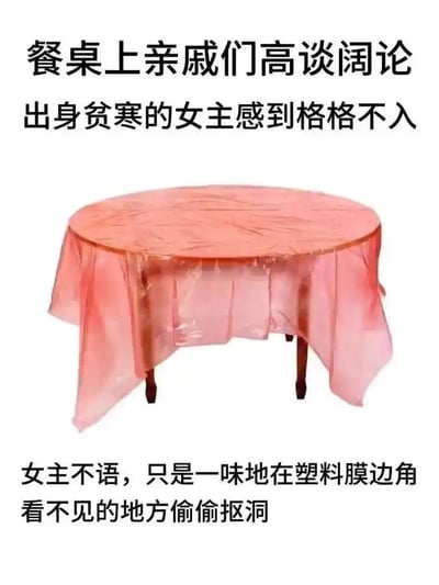 图片展示了一张铺着粉色塑料桌布的圆桌，上方文字描述"餐桌上亲戚们高谈阔论 出身贫寒的女主感到格格不入"，下方文字补充"女主不语，只是一味地在塑料膜边角看不见的地方偷偷抠洞"。这张图通过日常场景隐喻了社会阶层差异带来的社交隔阂，女主通过抠塑料膜这一细微动作表达内心的不安与疏离感。