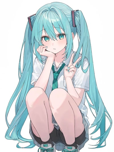 插画中是一位有着蓝绿色长发的少女，头发扎成双马尾，发尾带有红色装饰。她有着明亮的绿色眼睛，脸颊泛着红晕，表情腼腆。少女穿着白色短袖校服衬衫和绿色领带，搭配深色短裙和白色运动鞋，正蹲坐在地上，一只手撑着脸颊，另一只手比出和平手势。背景为纯白色，突出人物主体。