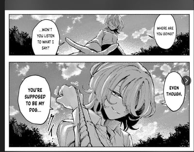 黑白两格漫画分镜，展示了一个短发动漫角色的愤怒质问场景。上格中角色仰头质问：“...WON'T YOU LISTEN TO WHAT I SAY?”（你就不听我说吗？）和“WHERE ARE YOU GOING?”（你要去哪里？）。下格为角色特写，眼神锐利，嘴角带冷笑，手持疑似武器的物品，继续说道：“YOU'RE SUPPOSED TO BE MY DOG...”（你本应是我的狗...）和“EVEN THOUGH,”（即便如此，）。背景均为带有云朵的天空，整体氛围紧张充满压迫感。