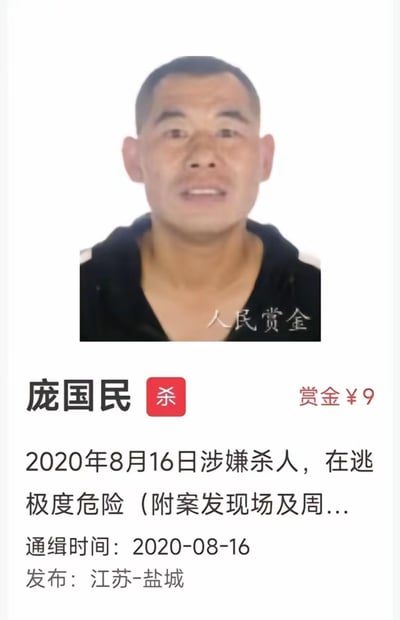 这是江苏盐城警方于2020年8月16日发布的通缉令，通缉涉嫌杀人的在逃人员庞国民，标注其为极度危险人员。图中最引人关注的是反常的9元人民币赏金，与通常高额悬赏的通缉令形成强烈反差，因此在网络上引发讨论。图中包含庞国民的正面照片、完整通缉信息及赏金标注，人物胸前还有“人民赏金”的水印。