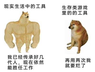 这是一张左右分栏的对比梗图，左侧以拥有健硕肌肉的柴犬形象代表“现实生活中的工具”，配文“我已经传承好几代人，现在依然能胜任工作”，生动体现出现实里的工具往往耐用性极强，能长期使用；右侧以流泪委屈的普通柴犬形象代表“生存类游戏里的工具”，配文“再用两次我就要烂了”，调侃生存类游戏中工具耐久度极低、损耗极快的设定。图片通过两种柴犬的形象反差和文字内容的强烈对比，精准戳中玩家对生存游戏工具设定的共鸣，用幽默的方式展现出现实与游戏的差异。