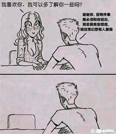 这是一幅由上下两格组成的黑白线稿连环卡通漫画，采用剧场式构图，带有对白气泡。上格画面中，一位面带红晕、表情害羞期待的女生坐在桌前，向对面背对镜头的男生表达好感：“我喜欢你，我可以多了解你一些吗？”；男生则面露局促，向女生坦白：“谢谢你，但有件事我必须和你坦白，其实我有妄想症，我经常幻想有人爱我”。下格画面中，男生依旧坐在原位，但对面的女生已经消失不见，这一反转揭示出女生是男生妄想出来的人物，用黑色幽默的方式展现了妄想症患者内心的孤独与对被爱的渴望，剧情扎心又充满讽刺感。