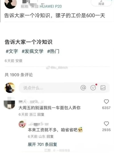 这是一张竖屏社交媒体截图，顶部是用户发布的冷知识动态：“告诉大家一个冷知识，骡子的工价是600一天”，并带有#文字 #发疯文学 #热门 标签。下方是该动态的评论区，共有1909条评论，其中高赞评论第一条为浙江用户“阴天·爱喝”的回复：“大周五的别逼我找一车面包人弄你”，获赞6357；第二条为山东用户的回复：“本来工资就不多，咱省省吧🥺”，获赞2935。整体内容是网友借骡子日薪的冷知识，用发疯文学玩梗，调侃现实中工资不如骡子的反差，充满搞笑、无奈的情绪，没有双关或谐音梗。