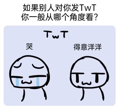 这是一张趣味网络梗图，属于图文混排形式：上方先抛出问题“如果别人对你发TwT你一般从哪个角度看？”，中间展示常用网络颜文字“TwT”，下方给出两种完全不同的解读：左侧将颜文字的T看作向下垂的哭眼，配文“哭”，对应眉眼下垂、挂着泪珠的委屈哭泣简笔小人；右侧将颜文字的T看作向上挑的吊梢眼，配文“得意洋洋”，对应眼神下瞥、神态嘚瑟的简笔小人。该梗图利用同一颜文字不同观看角度带来的认知反差制造笑点，十分有趣。